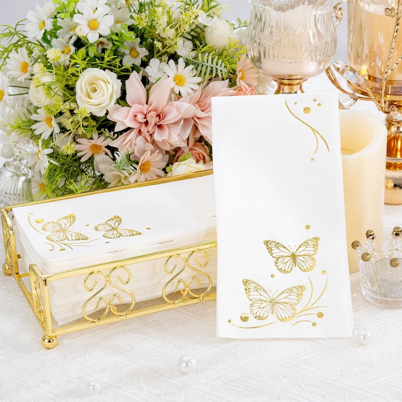 Joyido 50 Pack Gold Butterfly Napkins - White and Gold Paper Napkins - Cloth-Like Feel Dinner Paper - Disposable Hand Towels for Kitchen Table Bathroom Holiday Decor - Image 4